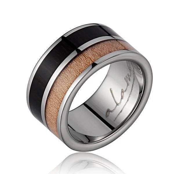 women’s handmade rings -Mens Titanium Scroll Wedding Band Genuine Macassar Ebony & Maple Wood Ring - 10mm