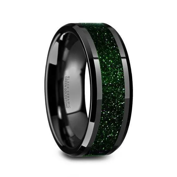 women’s wedding ring sets -Alder Black Ceramic Wedding Ring Green Goldstone Inlay Beveled Polished Finish - 8mm