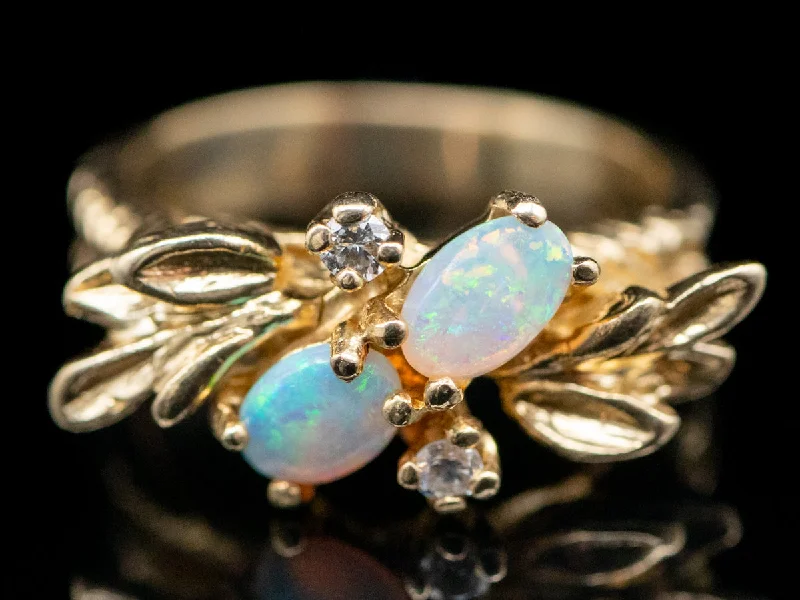 women’s diamond solitaire engagement rings -Vintage Botanical Gold Opal and Diamond Ring