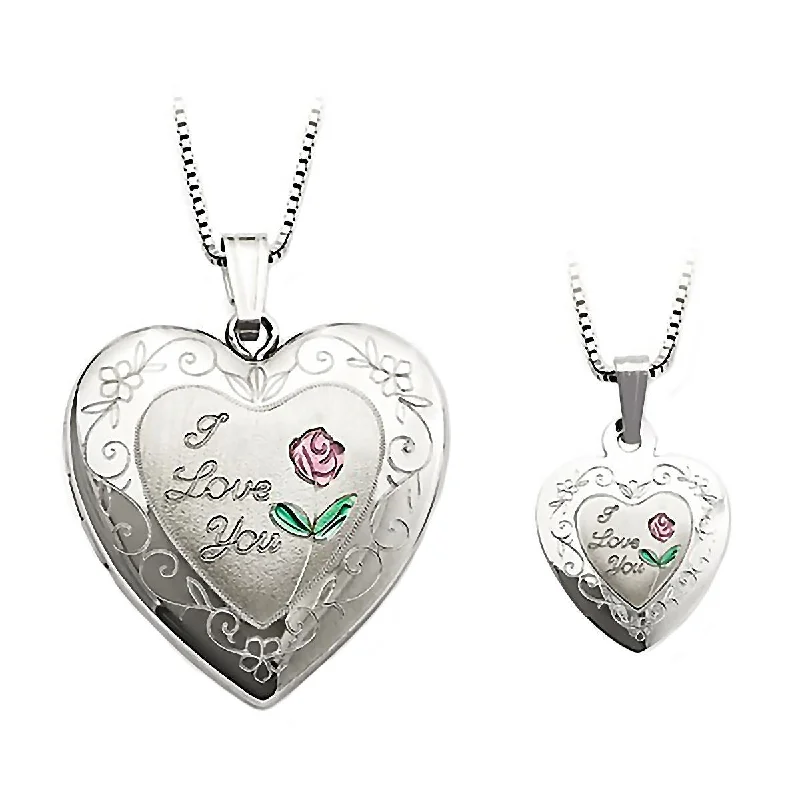 women’s necklaces -"I Love You" Just Like Mommy 925 Silver Locket and Pendant Necklace Set