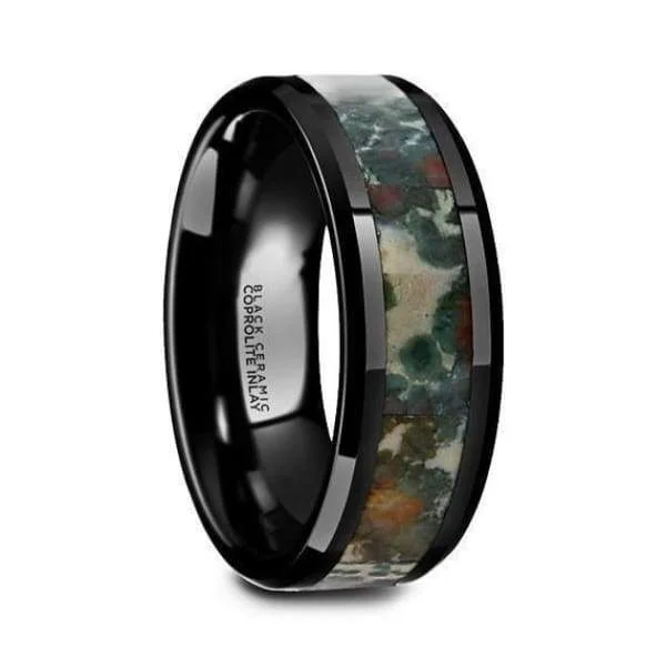 women’s custom rings with initials -Black Camo Ceramic Wedding Ring Coprolite Fossil Inlay Beveled Polished Finish - 8mm