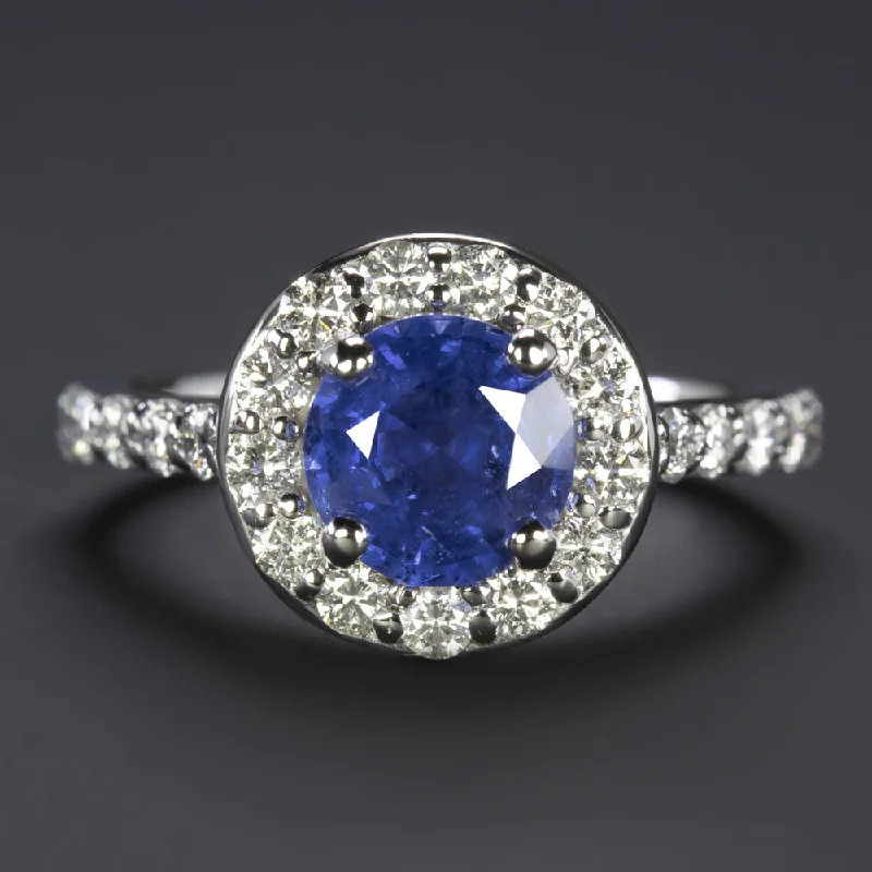 custom rings for women -CEYLON SAPPHIRE DIAMOND HALO RING ENGAGEMENT NATURAL ROUND 14k WHITE GOLD BLUE