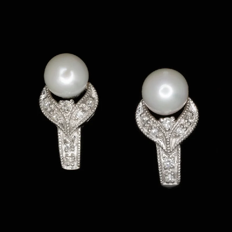 women’s vintage wedding rings -VINTAGE PEARL DIAMOND EARRINGS 14k WHITE GOLD RETRO FLORAL HALF HUGGIE J HOOP