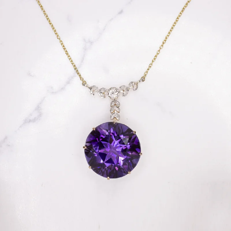 women’s unique engagement rings -ART NOUVEAU AMETHYST DIAMOND NECKLACE ANTIQUE 18k YELLOW GOLD FLORAL PENDANT