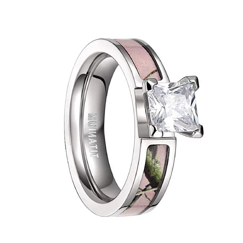 women’s affordable diamond engagement rings -Womens Titanium Pink Camo Wedding Rings with CZ Stone