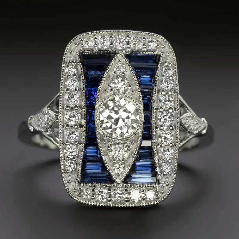 women’s platinum rings -SAPPHIRE OLD CUT DIAMOND VINTAGE STYLE COCKTAIL RING ART DECO 14k WHITE GOLD