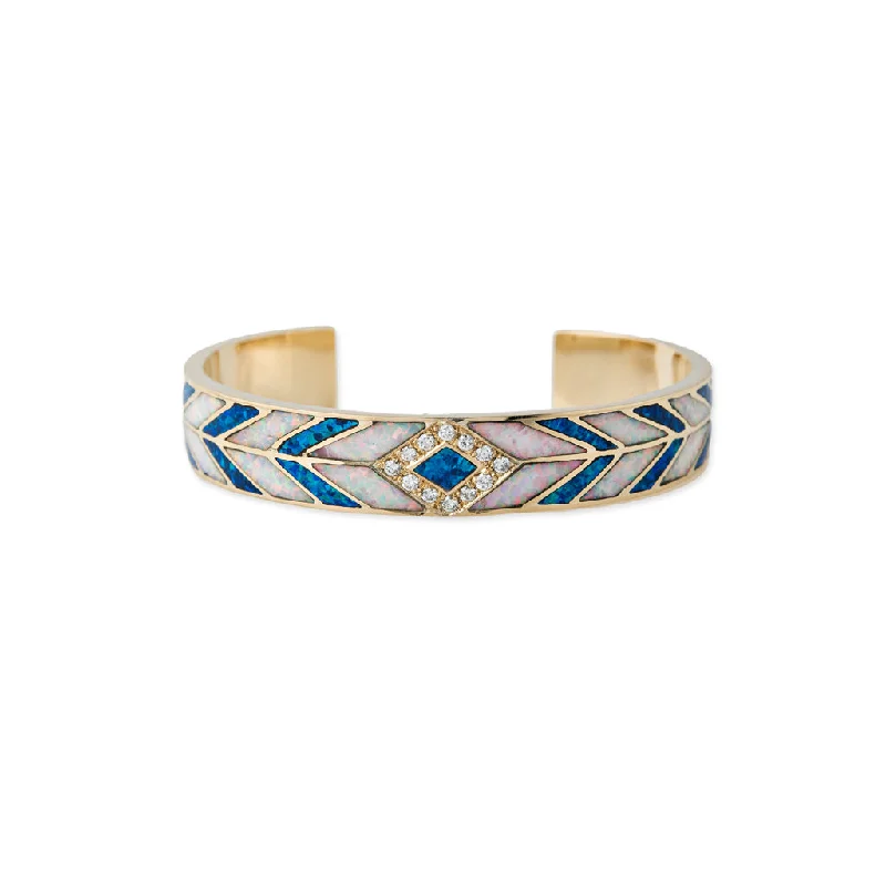 ethnic bangles for women -PAVE BLUE OPAL + CHEVRON OPAL INLAY CUFF BRACELET