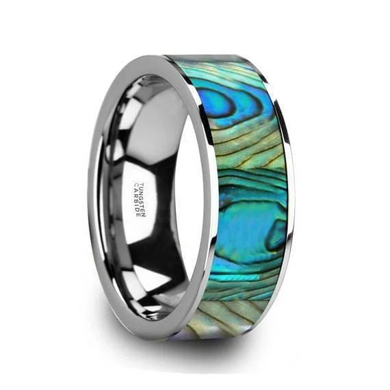 women’s promise rings -Men's Tungsten Wedding Band With Mother Of Pearl Inlay Polished Finish - 8mm