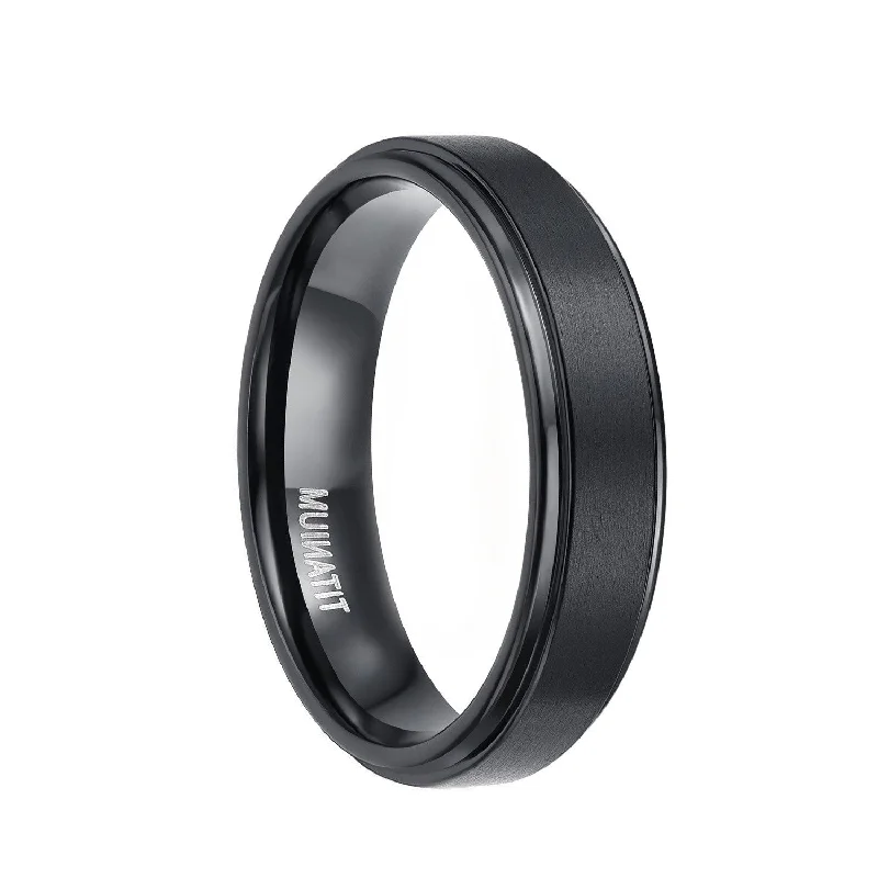 women’s trendy engagement rings -Mens Black Titanium Wedding Rings with Stepped Edge