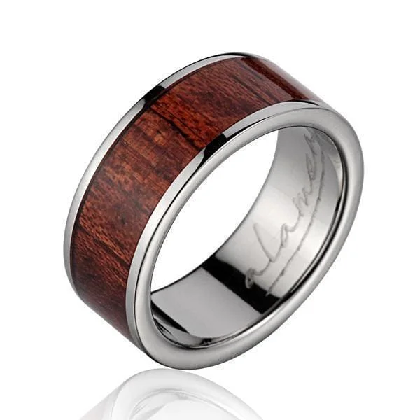 gemstone promise rings for women -Caden Titanium Wedding Band Genuine Inlay Hawaiian Koa Wood Ring - 8mm