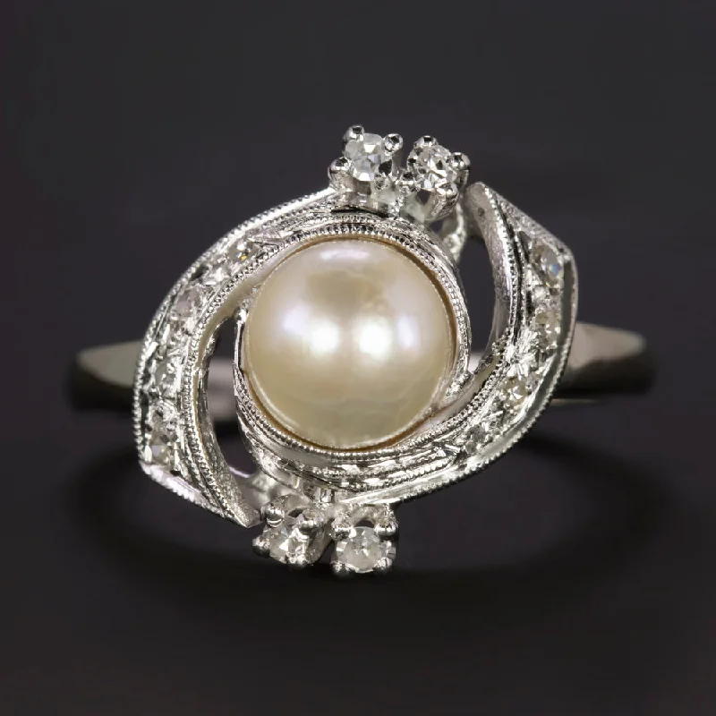 women’s silver engagement rings -VINTAGE PEARL DIAMOND  RING MID CENTURY COCKTAIL 14k WHITE GOLD NATURAL BYPASS