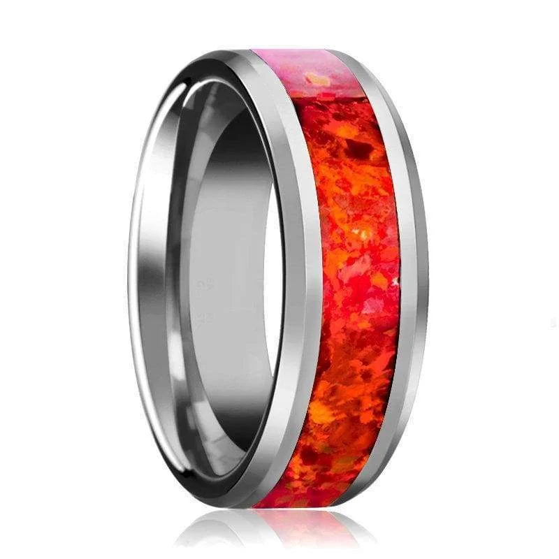 women’s classic gold rings -MONTROSE Red Opal Inlaid Tungsten Ring Beveled Finish Unisex 4mm - 8mm