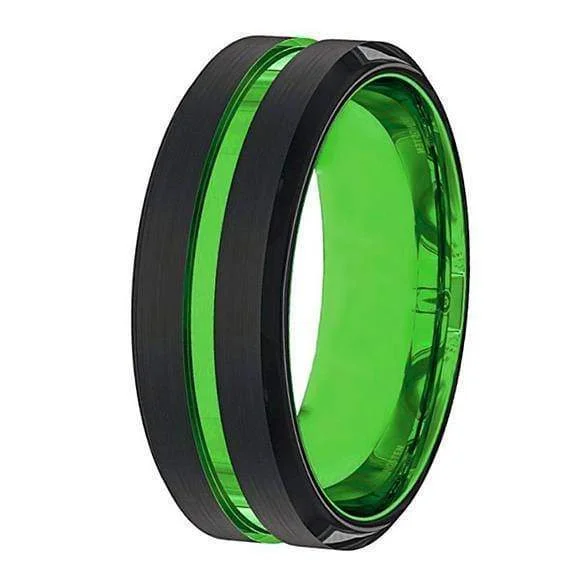 women’s unique rings -Mens Black and Acid Green Tungsten Carbide Wedding Band Beveled Edges 6mm & 8mm