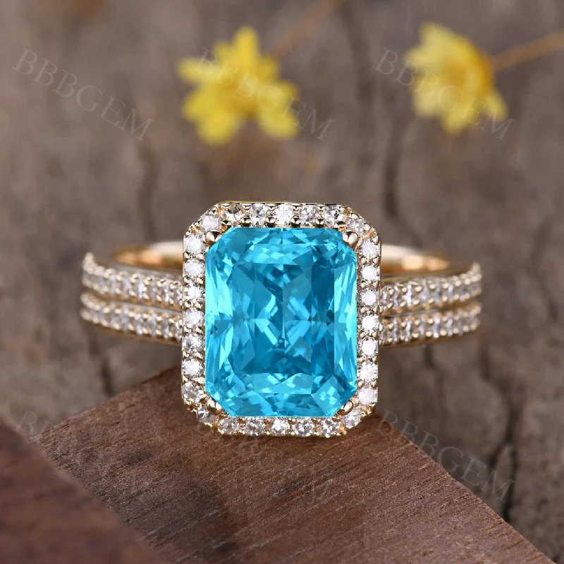 men’s and women’s matching rings -4 Carat Diamond Halo Swiss Blue Topaz Ring 8x10mm Emerald Cut 4mm Diamond Wedding Band Yellow Gold