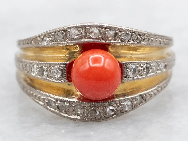 women’s stackable engagement rings -Vintage Inspired Mixed Metal Coral and Diamond Ring