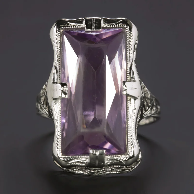 women’s solitaire rings -VINTAGE AMETHYST FILIGREE RING 14K WHITE GOLD SOLITAIRE ART DECO ESTATE PURPLE