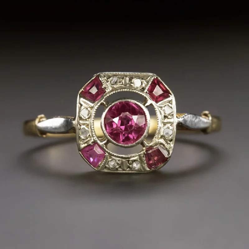 women’s large gemstone rings -FRENCH ANTIQUE RUBY DIAMOND COCKTAIL RING 18k YELLOW GOLD 1900s ESTATE JEWELRY