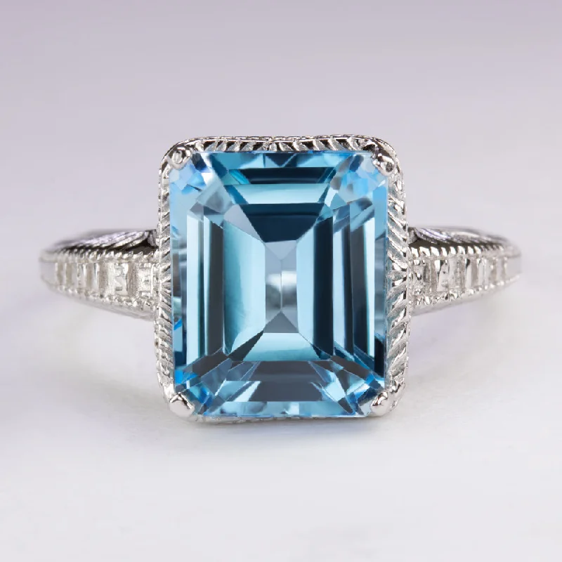 vintage rings for women -SWISS BLUE TOPAZ VINTAGE STYLE RING STERLING SILVER ART DECO SOLITAIRE ENGRAVED