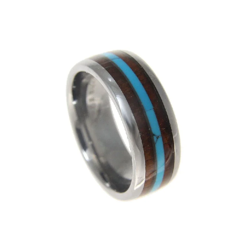 wedding rings with diamonds -Mens Tungsten Wedding Band Turquoise Hawaiian Koa Wood Comfort Fit Ring - 8mm