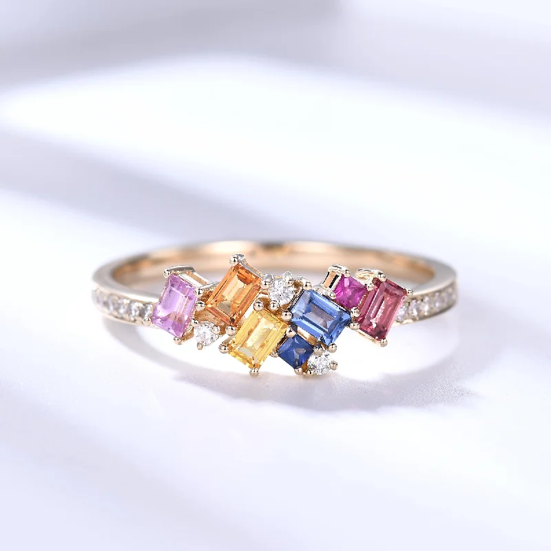 women’s signature engagement rings -Multi Color Rainbow Cluster Sapphire Diamond Gold Wedding Rings For Women