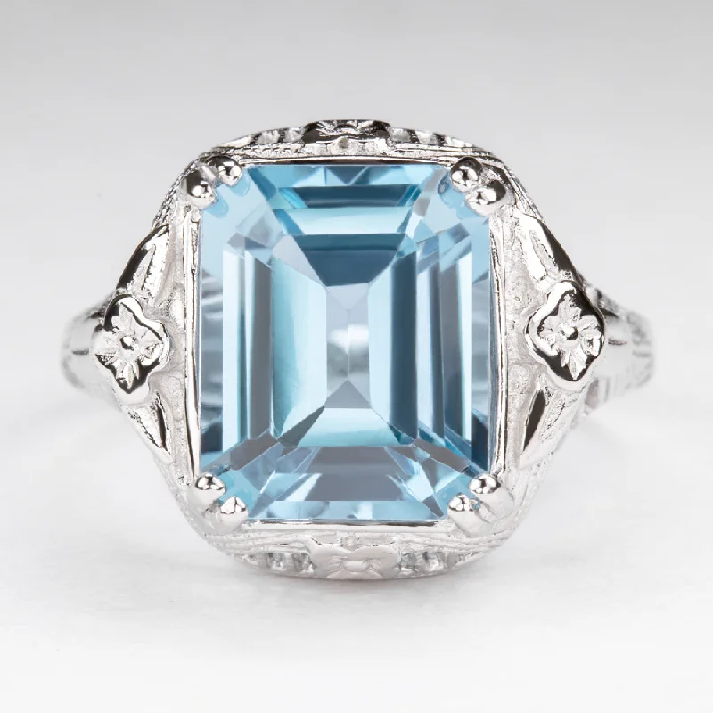 wedding rings with diamonds -SKY BLUE TOPAZ STERLING SILVER VINTAGE STYLE RING ART DECO EMERALD CUT FILIGREE