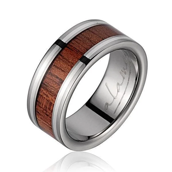 luxury solitaire rings for women -Mens Genuine Titanium Wedding Band Hawaiian Koa Wood Sterling Silver Border - 8mm