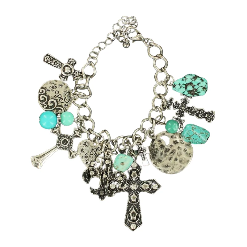 women’s friendship bangles -Blazin Roxx® Silver Cross & Turquoise Bead Charm Bracelet