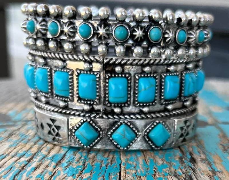 women’s gemstone bangles -3 PC Silver & Turquoise Bracelets/3