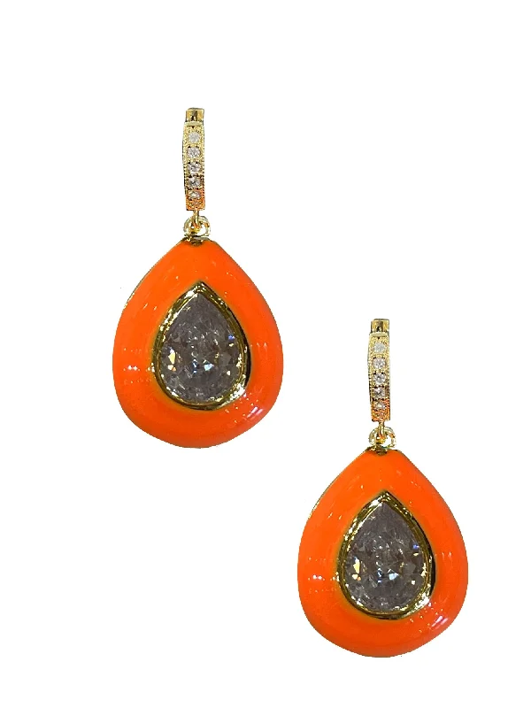 women’s geometric earrings -Orange Enamel Bezel Teardrop Huggies