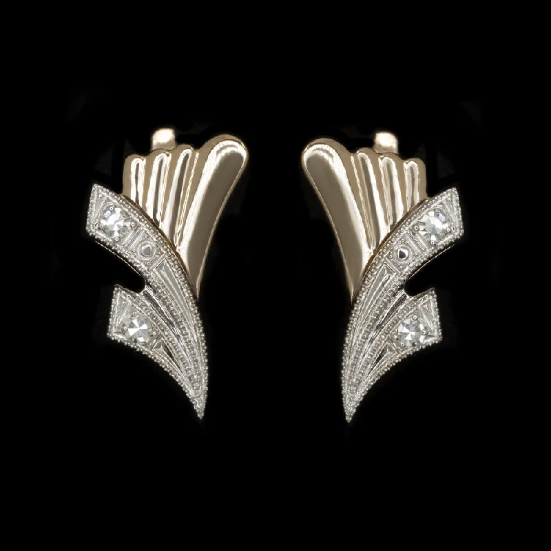 women’s promise bands -MID CENTURY VINTAGE DIAMOND EARRINGS 14k TWO TONE ROSE WHITE GOLD SOVIET ESTATE