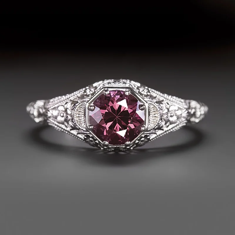 women’s eternity rings -VINTAGE STYLE RHODOLITE GARNET RING 14k WHITE GOLD FILIGREE PINK GEMSTONE FLORAL