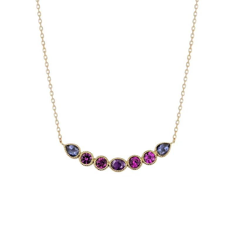 women’s statement chain necklaces -Color Nova Curve Necklace Iolite, Pink Garnet and Amethyst - 18k Gold