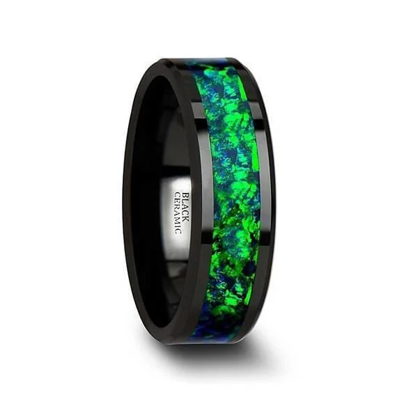 women’s promise bands -Black Ceramic Wedding Band Emerald Green & Sapphire Blue Color Opal Inlay 6mm & 8mm