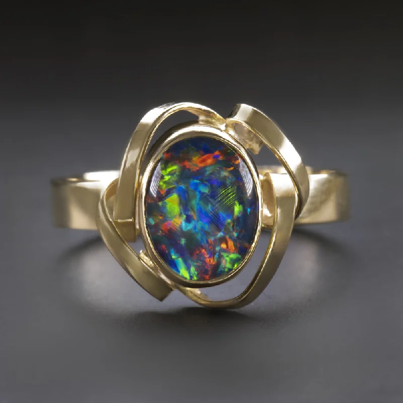 luxury solitaire rings for women -VINTAGE BLACK OPAL COCKTAIL RING YELLOW GOLD BEZEL SWIRL SOLITAIRE ESTATE OVAL