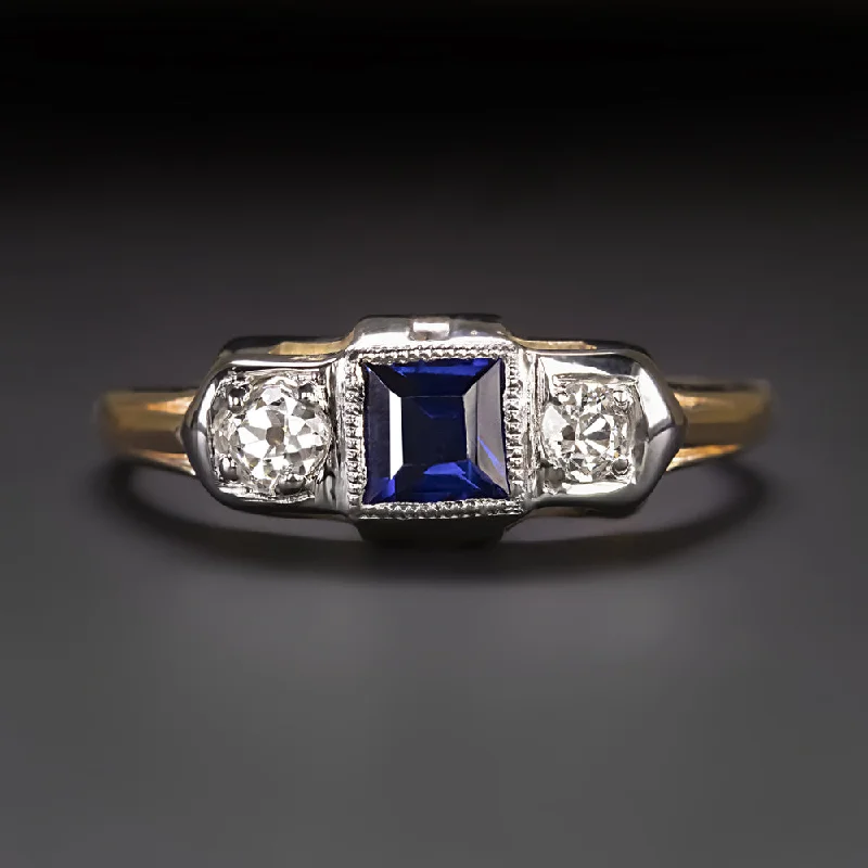 men’s and women’s matching rings -VINTAGE SAPPHIRE DIAMOND COCKTAIL RING TWO TONE 14k YELLOW WHITE GOLD ESTATE