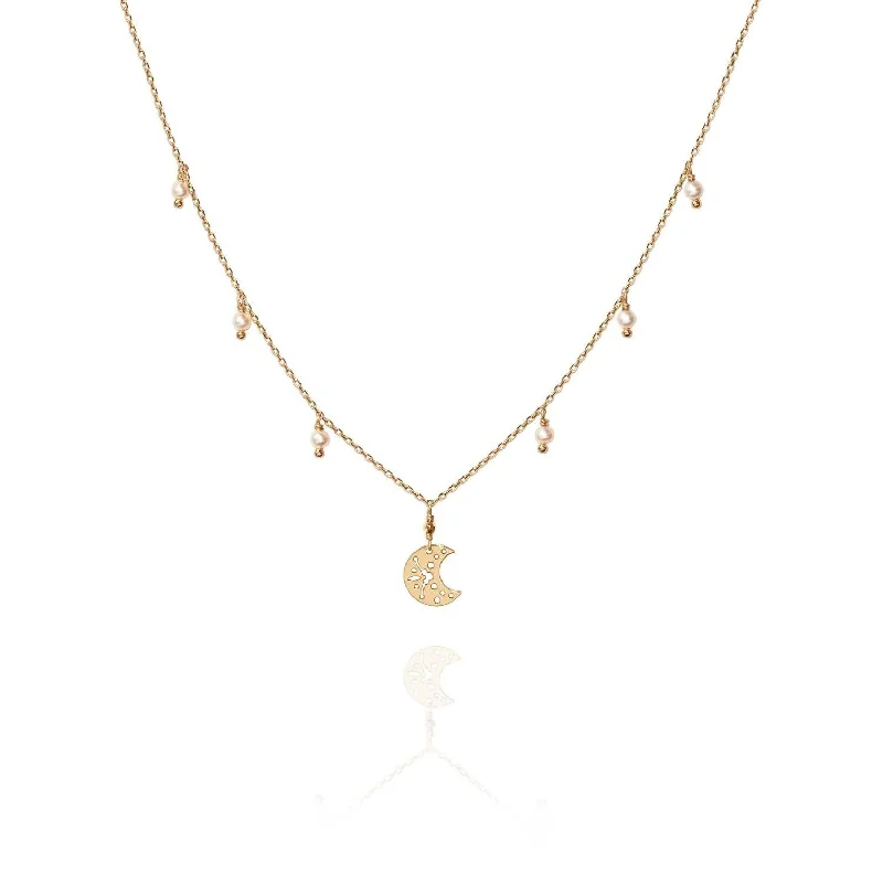 women’s handmade necklaces -Dancing Pearls and Moon Necklace Freshwater Pearls - 18k Gold