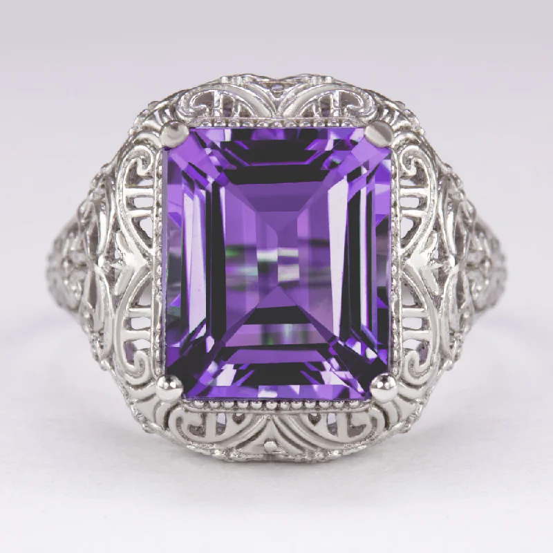 women’s sapphire rings -AMETHYST VINTAGE STYLE RING STERLING SILVER ART DECO EMERALD CUT FILIGREE PURPLE