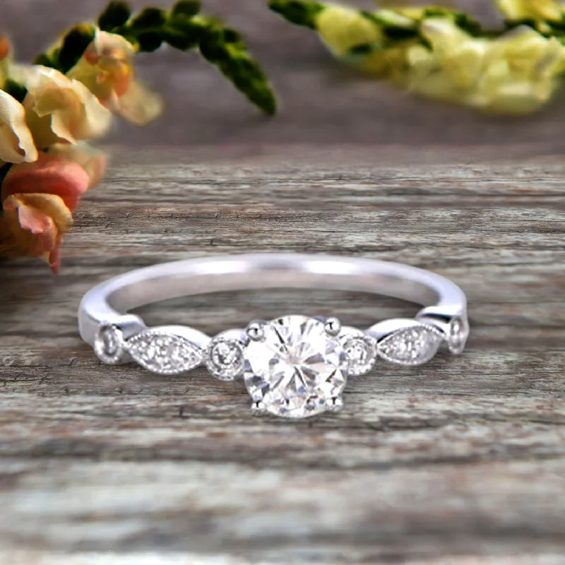 women’s art deco engagement rings -1.25 Carat Art Deco Style Round Moissanite Diamond Ring on 10k White Gold Vintage Style