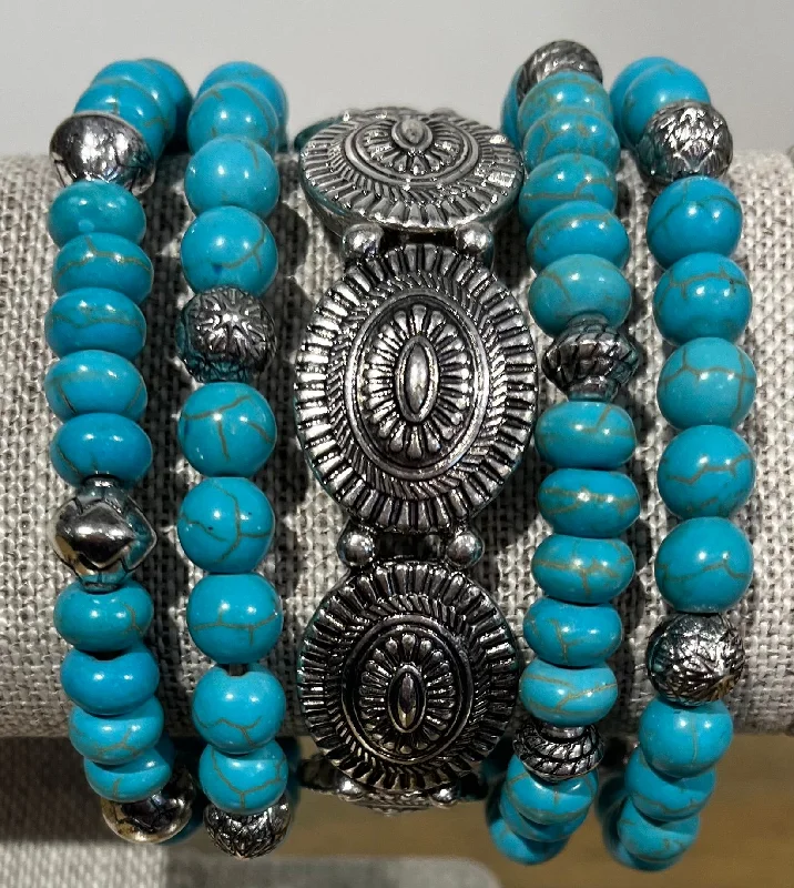 affordable bangles for women -5 Strand Turquoise & Silver Conchos Stretch Bracelet