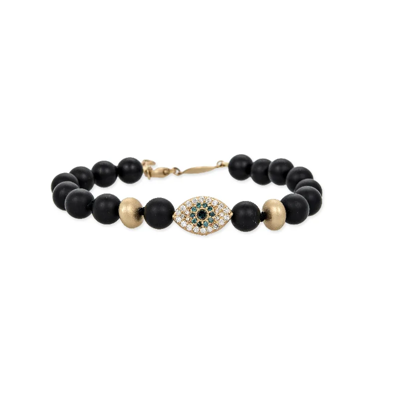 women’s cuff bracelets -PAVE EYE AND SCARAB BEAD + GOLD AND BLACK HEMATITE BEADED STRETCH BRACELET