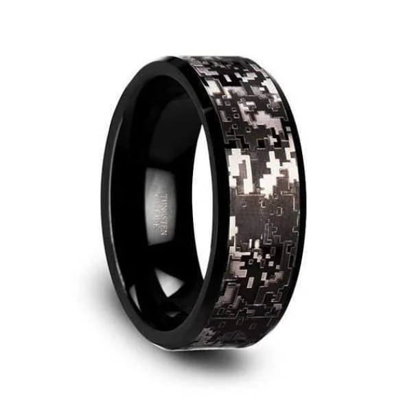 women’s silver engagement rings -Black Digital Camo Tungsten Wedding Ring Beveled Polished Finish - 8mm