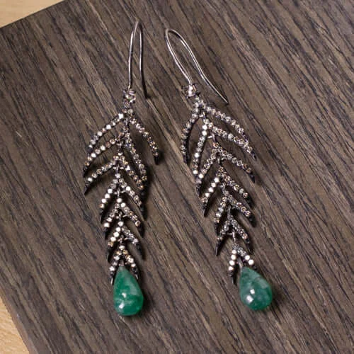 women’s cocktail rings -1.5CT NATURAL DIAMOND 4.5CT EMERALD DANGLE EARRINGS BOHO FEATHER LEAF BLACK DROP