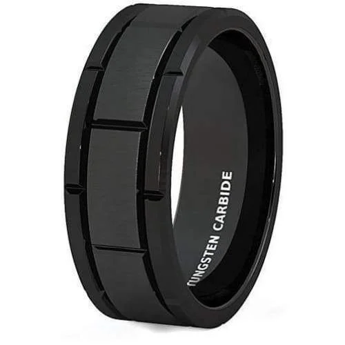 women’s rings -Mens Carbide Tungsten Wedding Ring Brushed Grooved Sections Comfort Fit 8mm