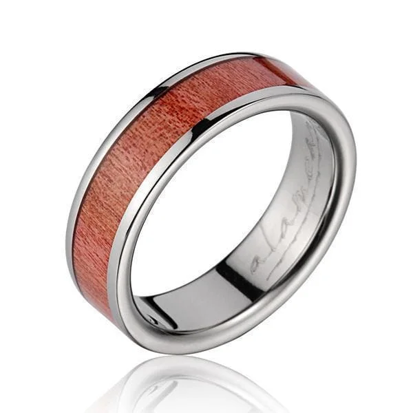 women’s adjustable rings -PELLO Titanium Wedding Band with Genuine Pink Wood Inlay - 6mm 