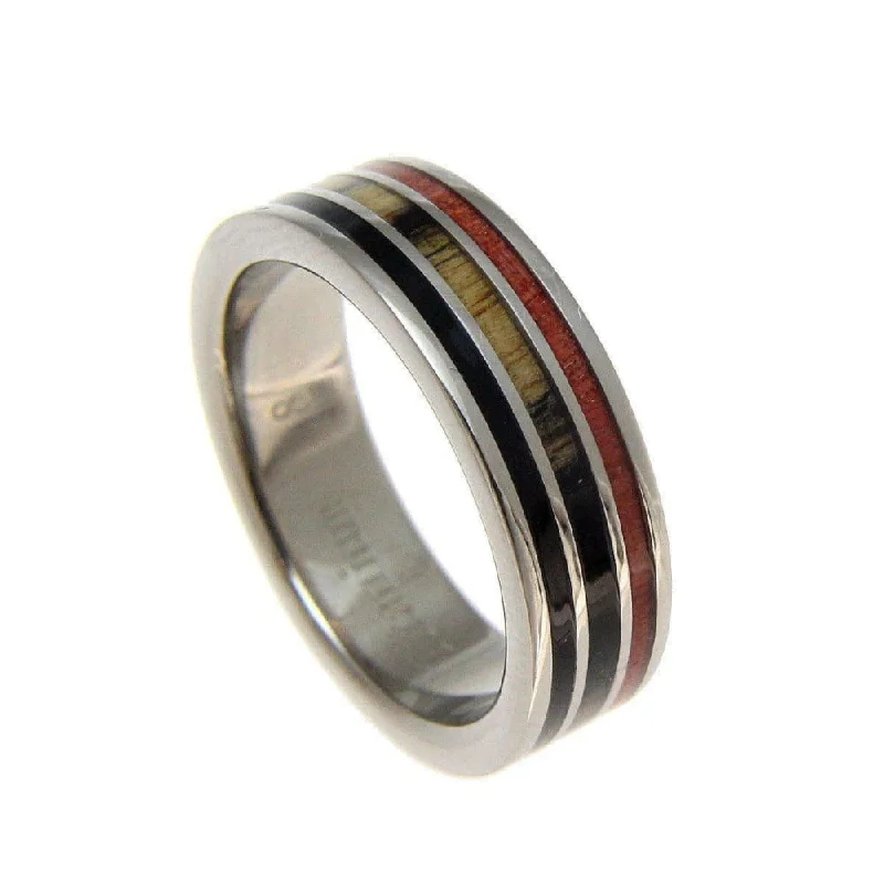 women’s silver engagement rings -Dalton Genuine Titanium Wedding Band Pink Ivory Wood, Ebony & Cocobolo Inlay - 6mm