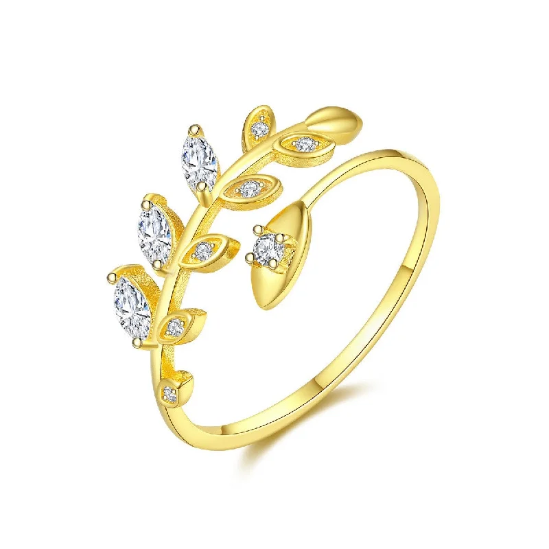 women’s diamond halo engagement rings -Gold Plated Vine Leaves Sterling Silver Cz Wedding Rings