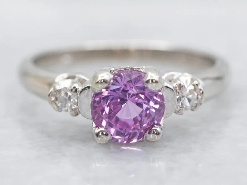 women’s signature engagement rings -Three Stone Pink Sapphire and Diamond Ring