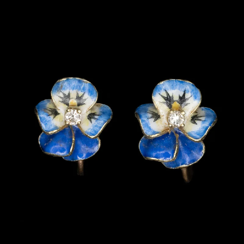 women’s stackable rings -ART NOUVEAU FLOWER EARRINGS DIAMOND 14k YELLOW GOLD BLUE WHITE ENAMEL PANSY