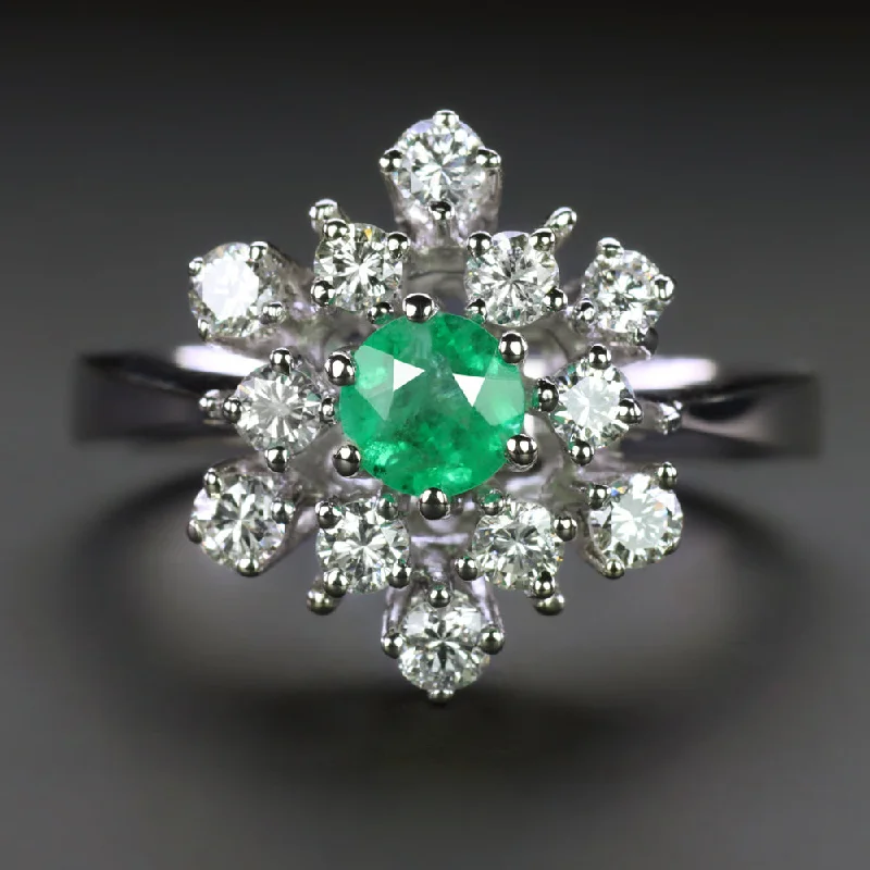 women’s custom birthstone rings -VINTAGE EMERALD DIAMOND COCKTAIL RING 18k WHITE GOLD CLUSTER MID CENTURY ESTATE