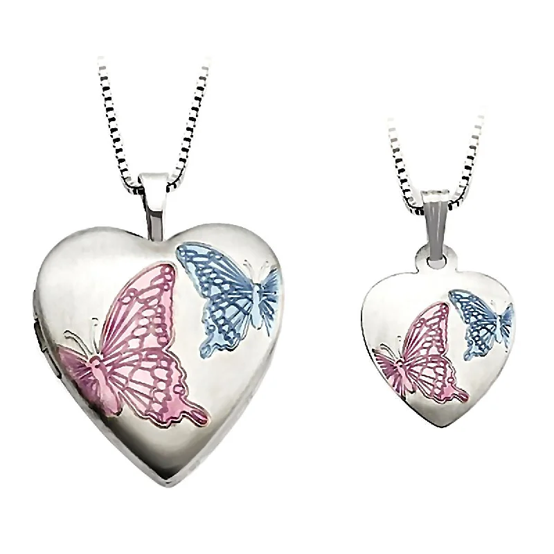 women’s layered necklaces -Enamel Butterfly Just Like Mommy 925 Silver Locket and Pendant Necklace Set